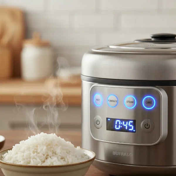 A Buffalo Stainless Steel Smart Rice Cooker displaying various cooking function icons on its digital panel, with steam rising from a bowl of perfectly cooked rice.