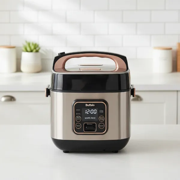 A sleek Buffalo Stainless Steel Smart Rice Cooker with a modern kitchen background, emphasizing its design and build.