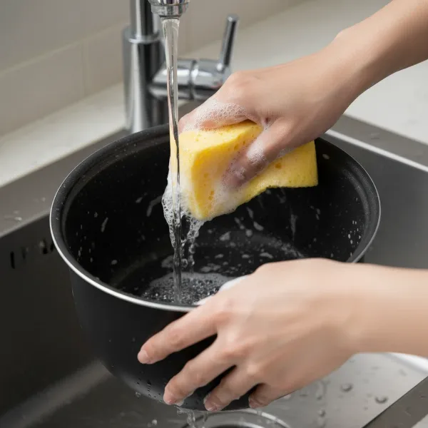 A person gently hand-washing the non-stick inner pot of a rice cooker with soap and a soft sponge, emphasizing careful maintenance.