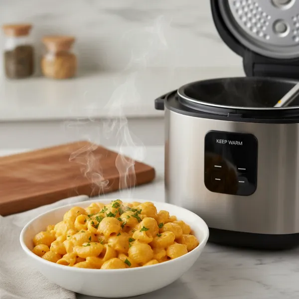 A bowl of perfectly cooked, creamy mac and cheese made in a rice cooker, ready to serve.