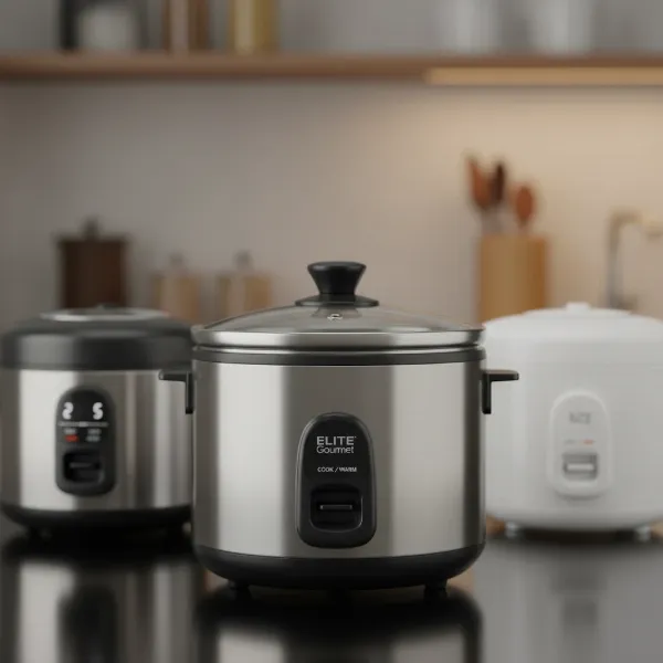 Elite Gourmet rice cooker in front of blurred outlines of other brands, showing its competitive position