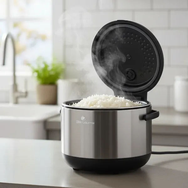 Elite Gourmet 10-Cup Rice Cooker with fluffy rice, showcasing its design and steam