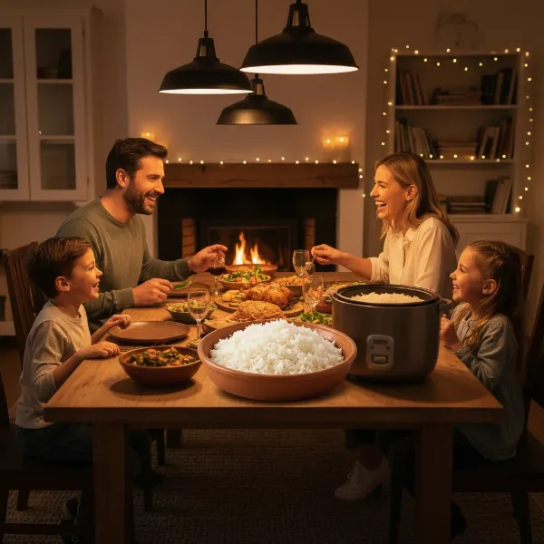 A joyful family gathered around a dining table, sharing a meal, with a bowl of perfectly cooked, fluffy rice from the Kenwood RC417 as the centerpiece.