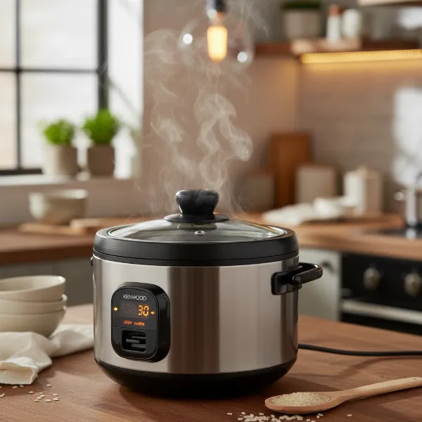 A Kenwood RC417 rice cooker actively cooking, with steam gently escaping from its glass lid, showcasing its brushed stainless steel exterior and non-stick inner bowl.