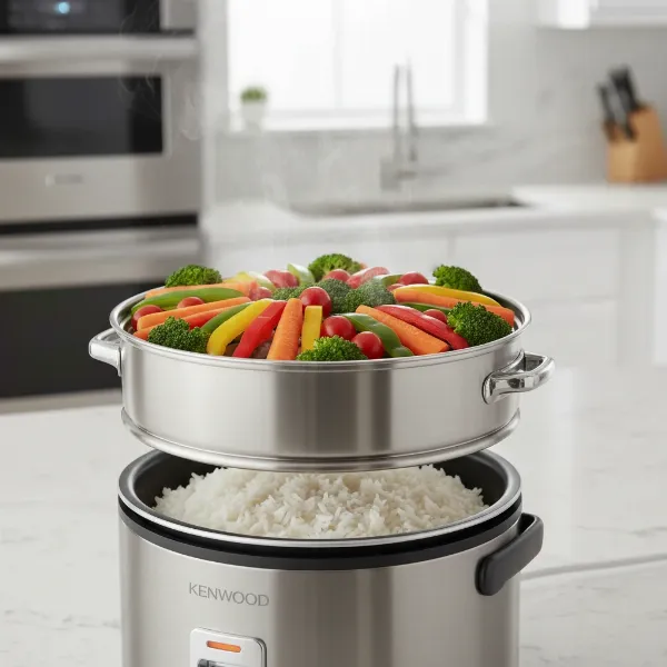 A vibrant assortment of fresh vegetables steaming in the aluminum steamer basket of a Kenwood RC417 rice cooker, with cooked rice visible below.
