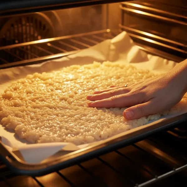 A baking sheet lined with parchment paper, on which mushy rice is spread in a thin, even layer, being dried in a warm oven with a slight blur to indicate gentle heat. A hand is subtly checking the rice.