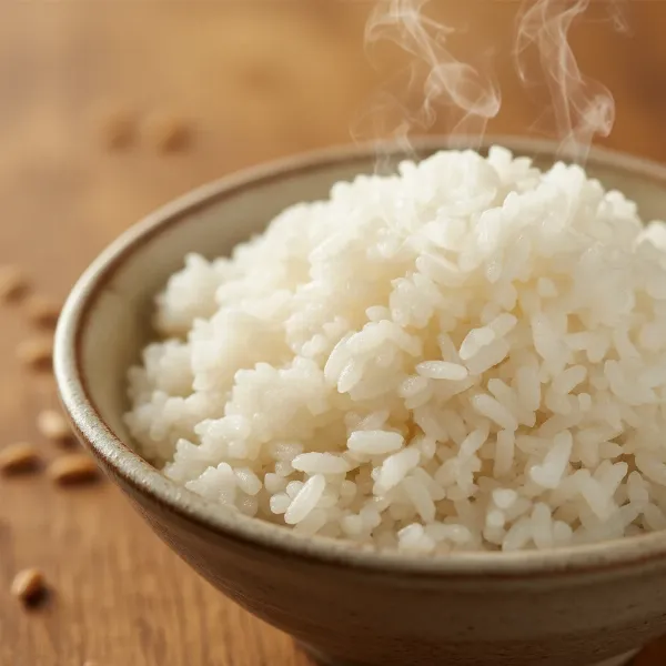 A close-up shot of perfectly cooked, fluffy white rice, with individual grains clearly separated and a light steam rising, ready to be served.