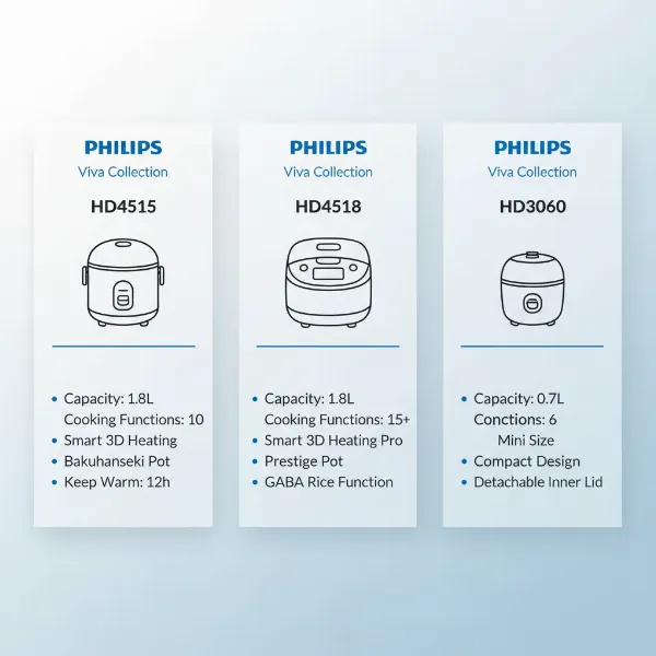 An illustrative graphic comparing various Philips Viva Collection rice cooker models, highlighting their capacities and distinct features.