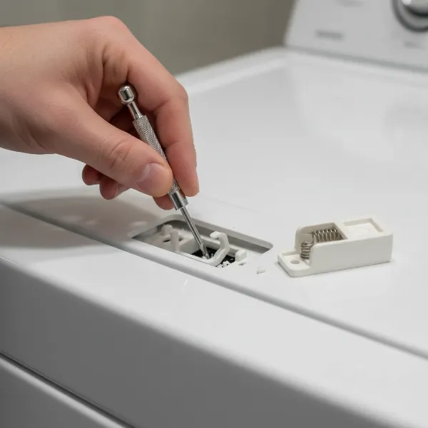 A close-up shot of a hand replacing a broken latch mechanism on a washing machine lid.