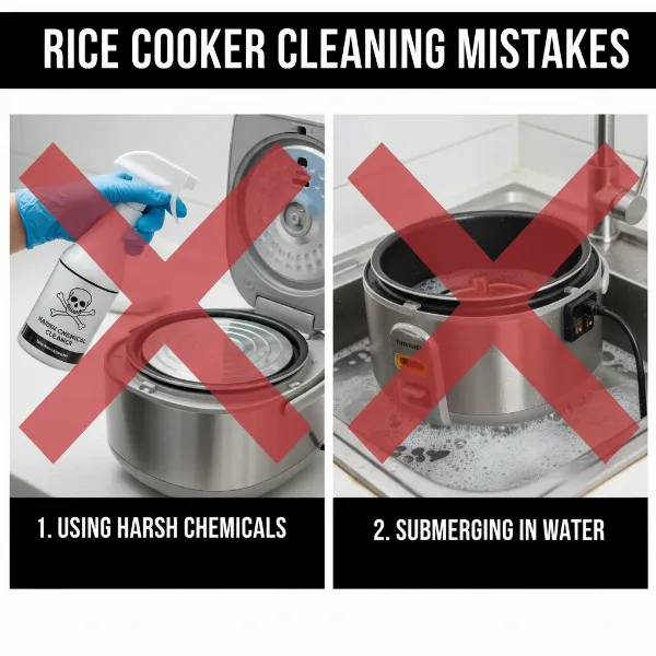 Illustrating common mistakes to avoid when cleaning a rice cooker heating plate, such as using harsh chemicals or immersing in water.