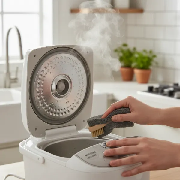 A person gently cleaning the inner lid and steam vent of a rice cooker with a soft brush and sponge.