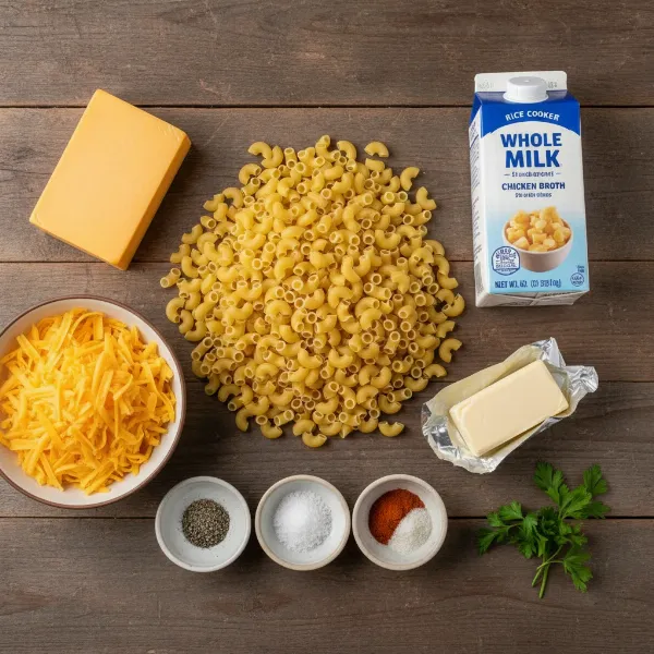 Ingredients for making mac and cheese in a rice cooker, including pasta, cheese, and milk.