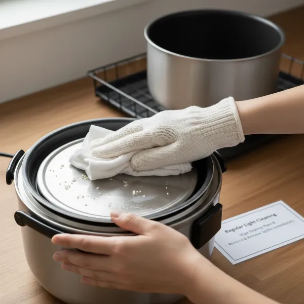 Tips for maintaining a clean rice cooker heating plate, showing a person wiping the plate with a damp cloth.