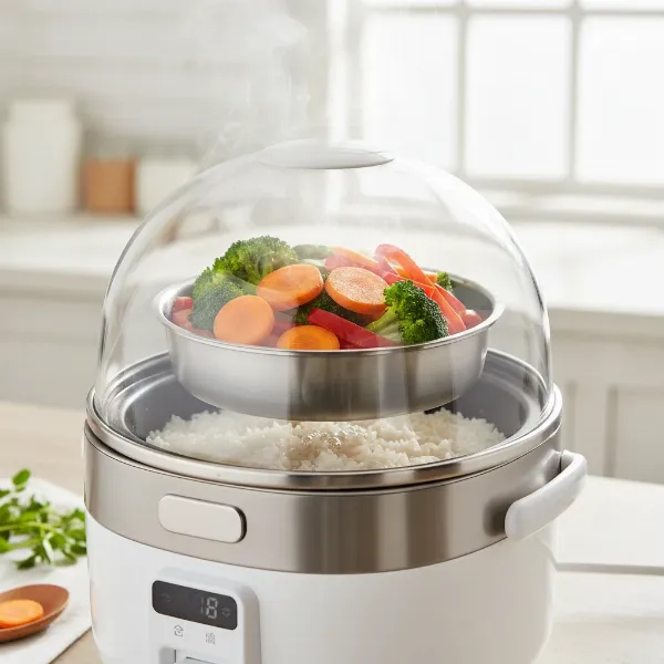 A modern rice cooker with a steaming basket on top, filled with colorful, fresh vegetables like broccoli, carrots, and bell peppers, while rice cooks below.
