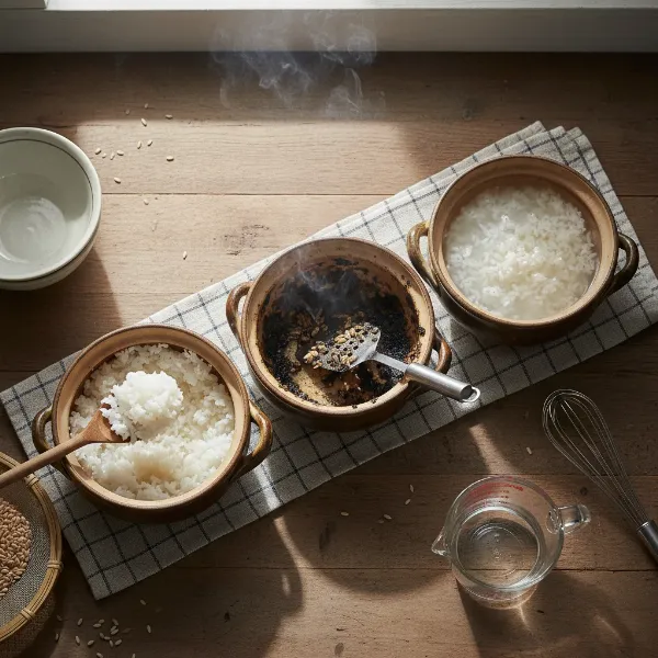 An overhead shot showing common rice cooking mistakes: a pot with mushy, overcooked rice, another with undercooked hard grains, and a third demonstrating incorrect water ratio, on a kitchen counter with cooking utensils.