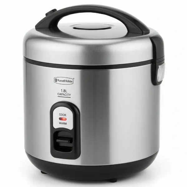 Russell Hobbs 19750 rice cooker with its main features highlighted, including capacity and control. 