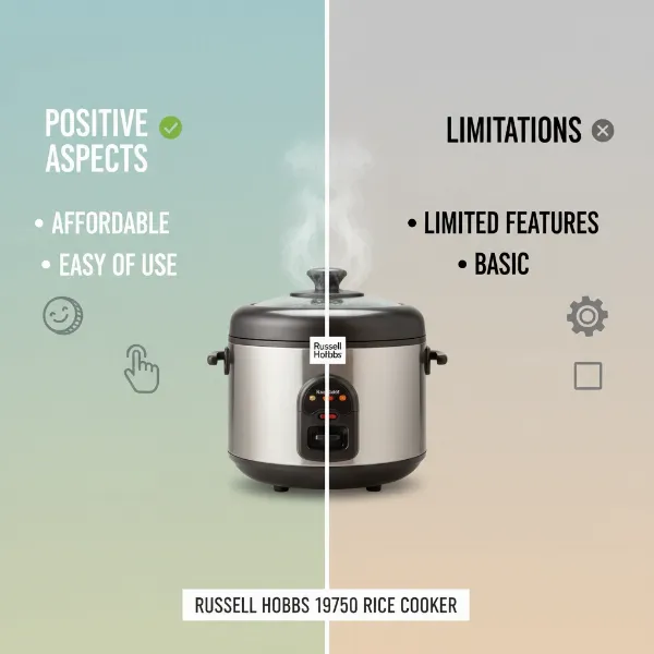 Key pros and cons of the Russell Hobbs 19750 rice cooker highlighted in a visual comparison. 