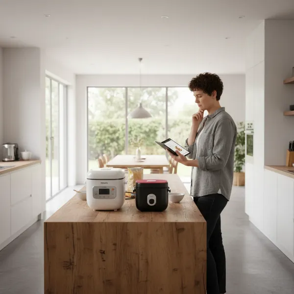 A person contemplating different Philips Viva Collection rice cooker models in a modern kitchen setting, symbolizing the decision-making process for capacity and features.