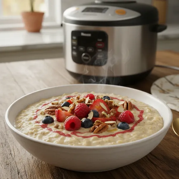 A beautifully prepared bowl of steel cut oats in a modern kitchen setting, with a cooker in the background, showcasing a healthy breakfast. 