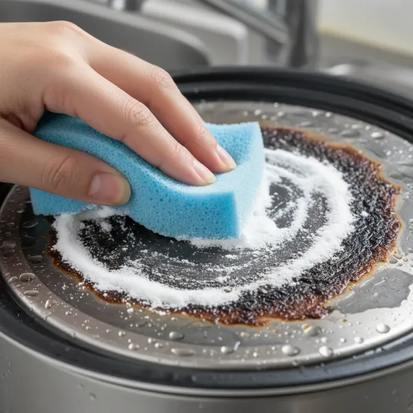 A person gently cleaning a stubborn burnt stain on a rice cooker heating plate with a non-abrasive sponge and baking soda paste.