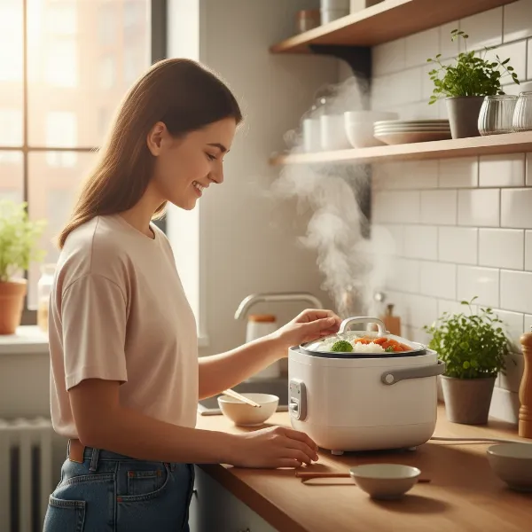 A student in a cozy dorm room using a compact rice cooker to prepare a simple, healthy meal.