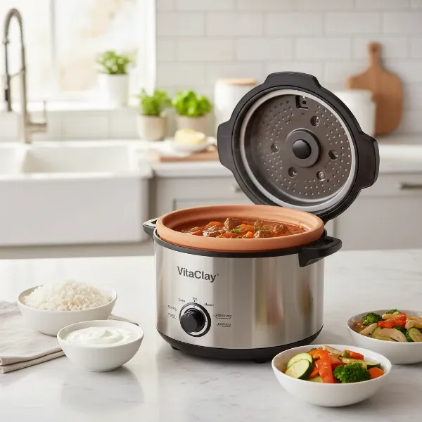 A VitaClay Organic Smart Multi-Cooker with a Zisha clay pot and various cooked foods like rice, stew, and yogurt around it, emphasizing versatility and natural cooking.