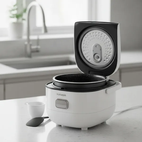 YumAsia Panda Mini Rice Cooker in a modern kitchen setting, showcasing its compact size and ceramic bowl.