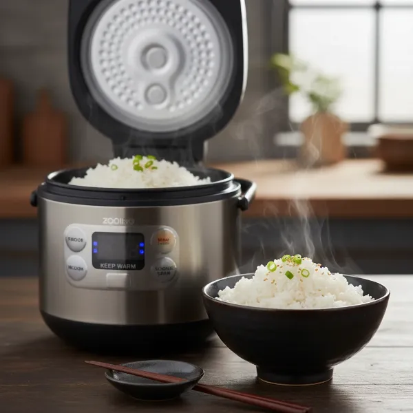 A bowl of perfectly cooked, fluffy white rice next to a Zojirushi Micom rice cooker, emphasizing quality and texture.
