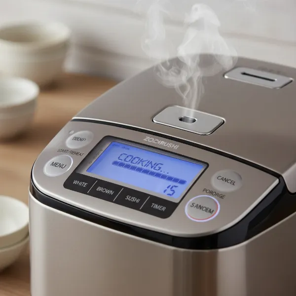 A Zojirushi Micom rice cooker with its control panel illuminated, showcasing the microcomputer at work, preparing fluffy rice.