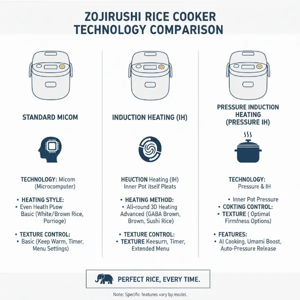 A visual comparison of different Zojirushi rice cooker types, showing external differences between Micom, IH, and Pressure IH models.